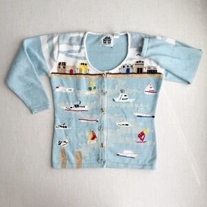 vtg Storybook Knits boat ocean‎ novelty print hand knit cardigan sweater S